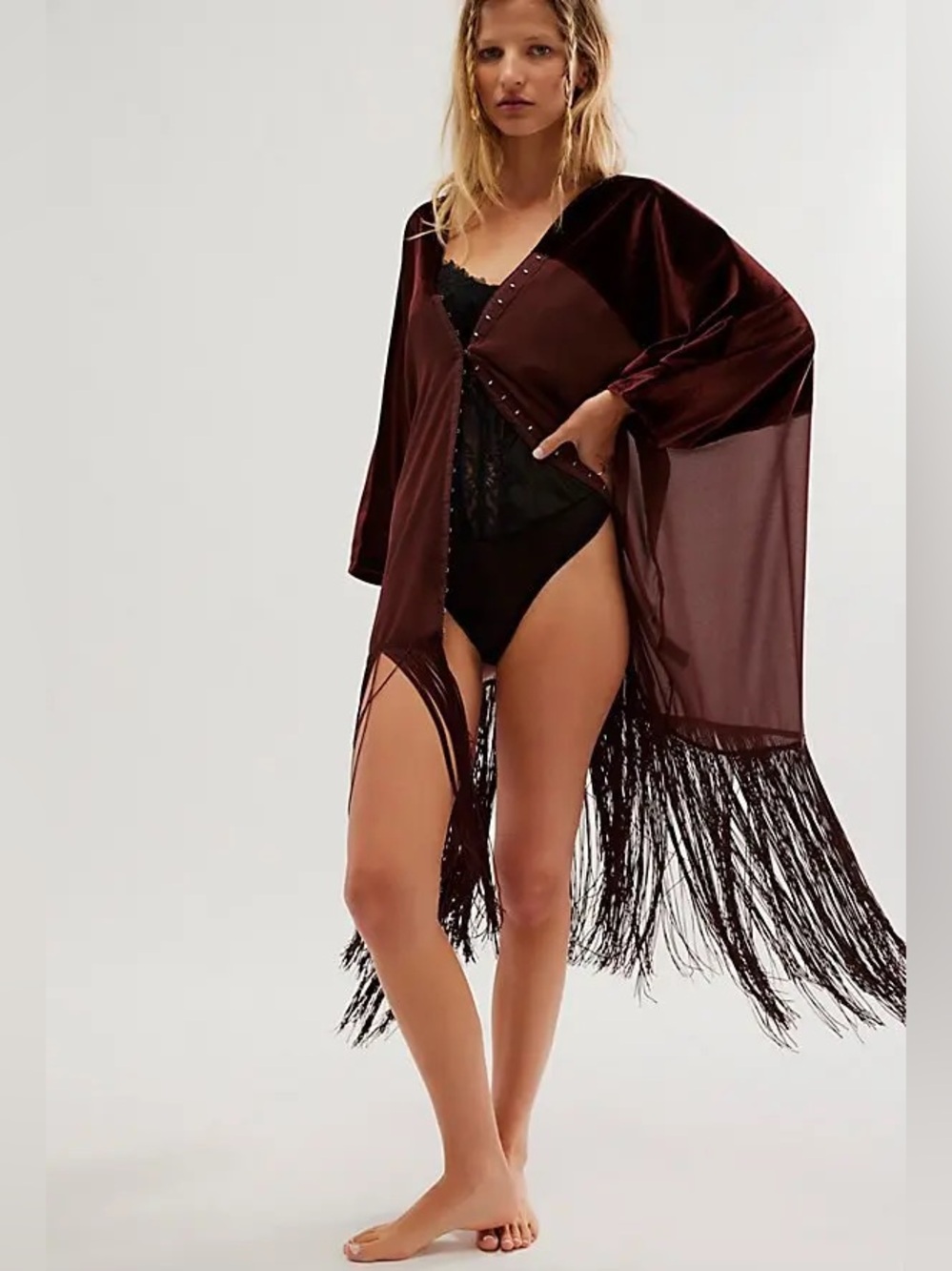 Free People Velvet Dreams Fringe Kimono Aubergine One Size OS Boho NWOT - Picture 15 of 15